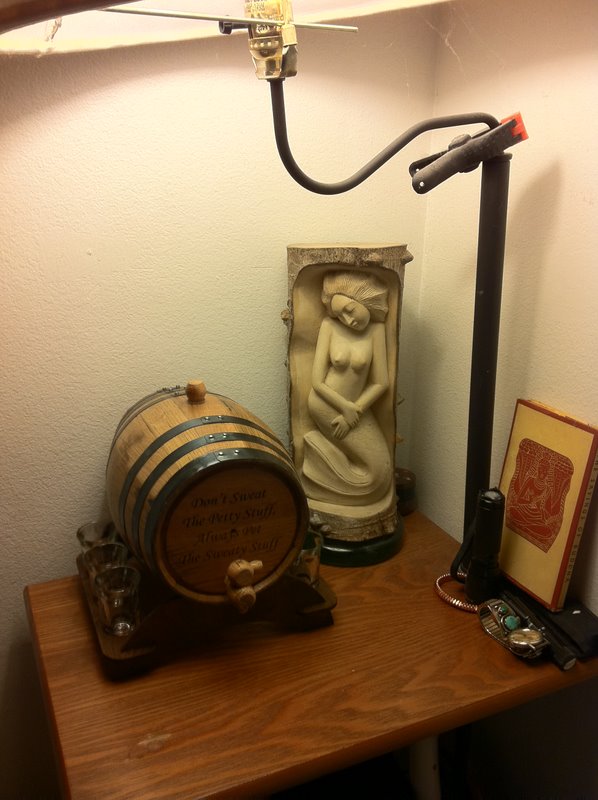 Its final resting place by the bed stand, full of whiskey.  My own propitiatory blend.